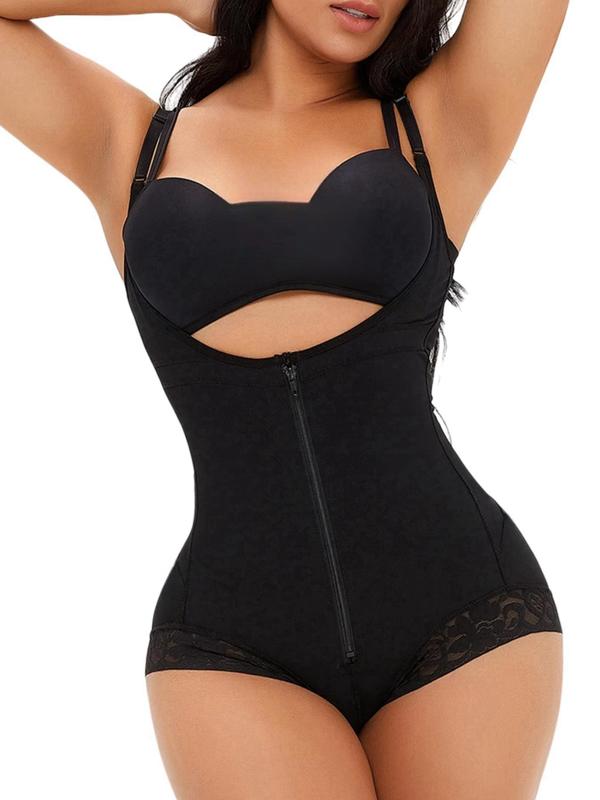 Women's Solid Contrast Lace Zipper Shapewear Bodysuit, High Stretch Tummy Control Butt Lifting Shaper, Ladies Shapewear for Daily Wear