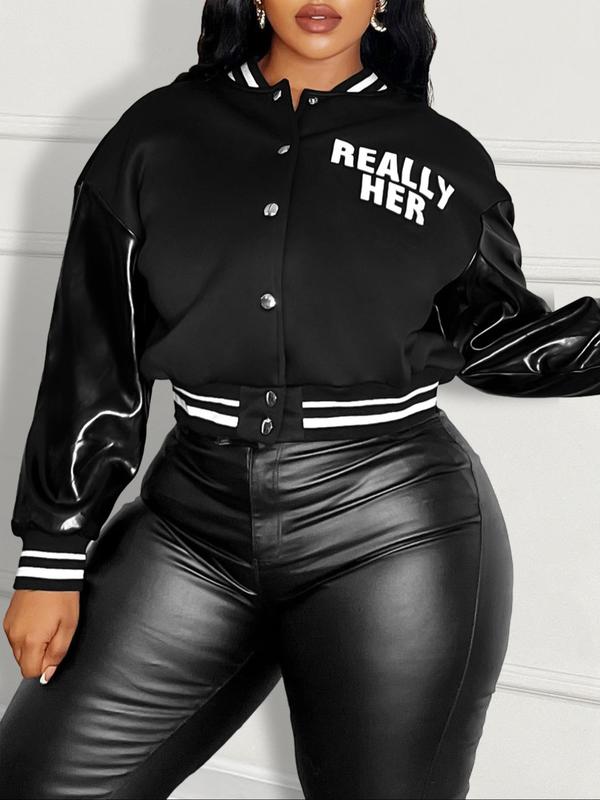  Letter & Striped Print PU Leather Crop Jacket, Casual Drop Shoulder Long Sleeve Button Front Outerwear for Daily Wear, Women's Clothing for Fall & Winter