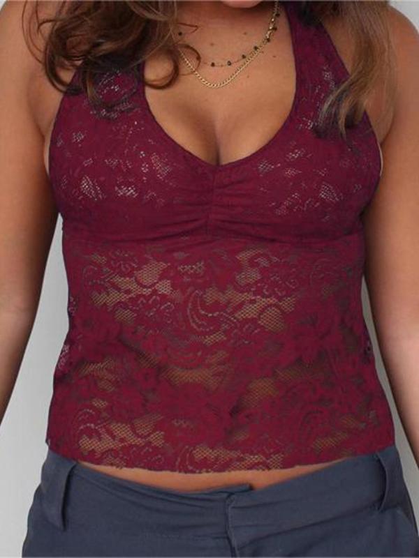 Women's Floral Lace Backless Halter Crop Tulle Top, Fashion Casual Ruched Tie Back Sleeveless Top for Daily Outdoor Dating Club Wear, Women's Clothes for Fall, Fall Outfits, Fallfreshness, 90s Clothes