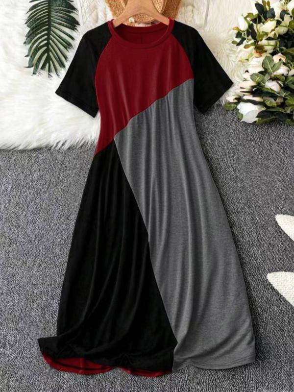  Women's Colorblock Raglan Sleeve Lounge Dress, Casual Soft Comfortable Round Neck Short Sleeve Midi Dress for Daily Home Wear, Sleepwear for All Seasons