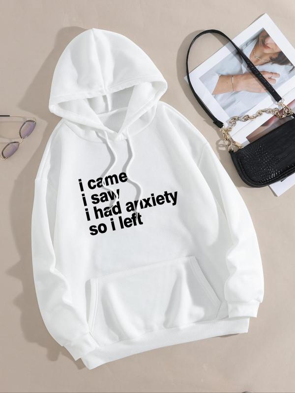 Letter Print Drawstring Drop Shoulder Graphic Hoodie, Pocket Hooded Sweatshirt Jumper for Outdoor Streetwear, Women Clothing