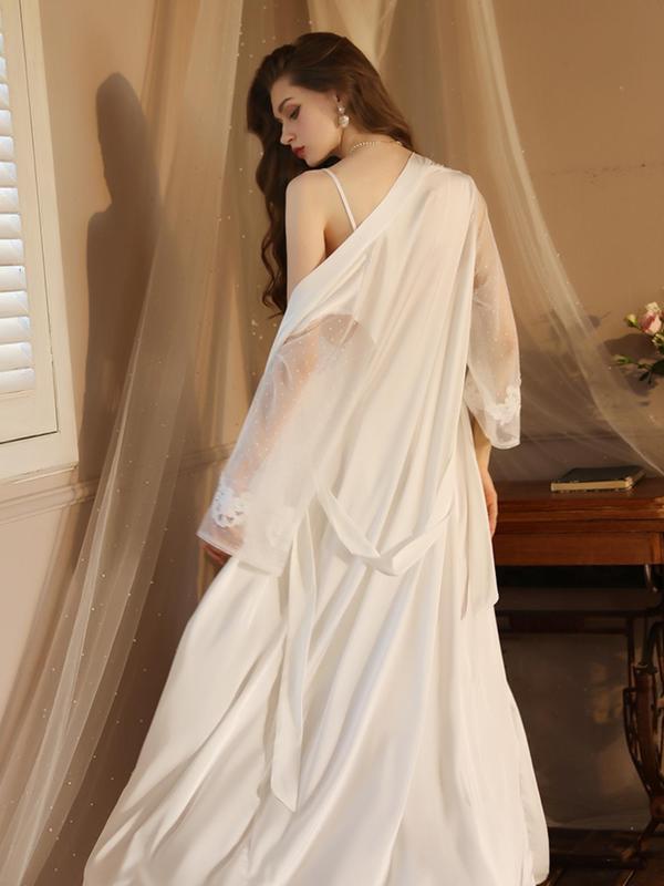 Women's Soft Satin Swiss Dot Lounge Robe without Nightdress, Contrast Mesh Long Sleeve Dressing Gown,  Bridesmaid Brides Robes, Women's Sleepwear & Loungewear