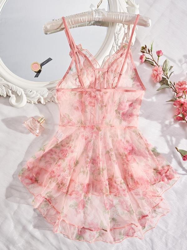 Women's Floral Print Appliques Cut Out Sheer Tulle Sexy Cami Nightdress, Comfy Breathable Ruffle Hem Nightgown, Ladies Sexy Lingerie for All Seasons