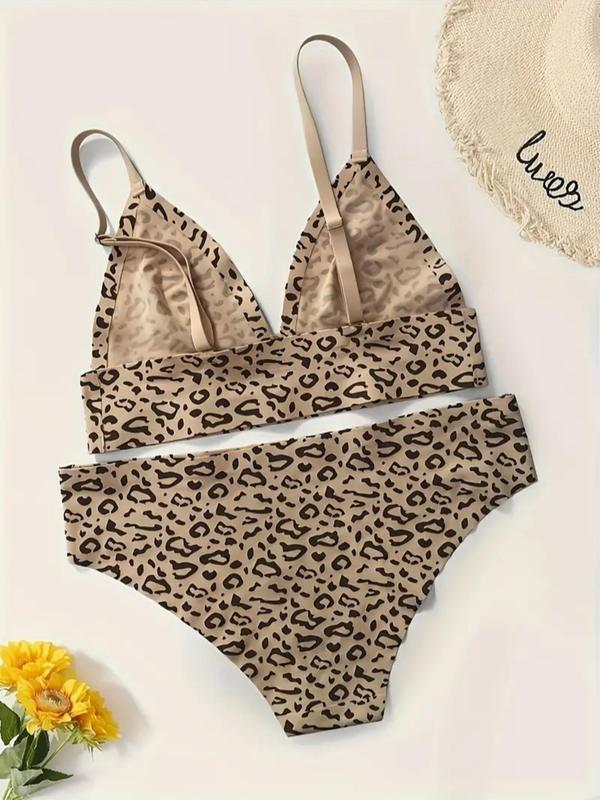 Women's All Over Leopard Print Sexy Lingerie Set, Sexy Push Up Bra & Panty Set, Women's Underwear & Lingerie for Romantic Nights