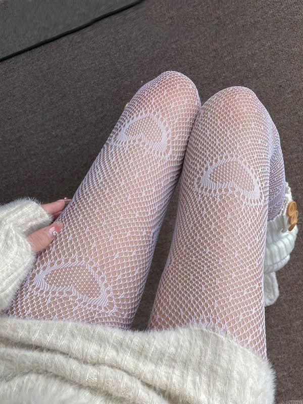 Women's 1 Pair Heart Print Sheer Sexy Fishnet Tights, Fashion Casual Comfy Breathable Pantyhose for Daily Outdoor Wear, Ladies Stockings for All Seasons