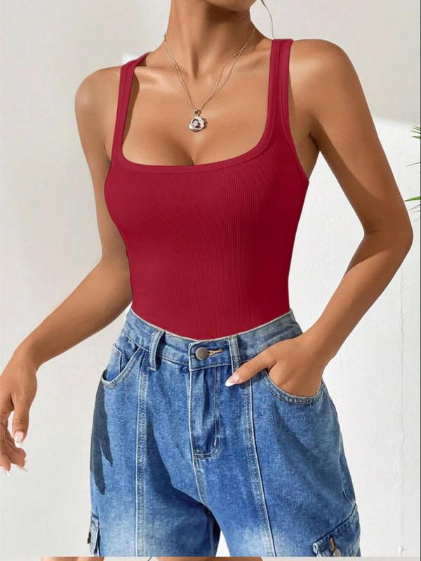 Women's Solid Square Neck Ribbed Bodysuit, Casual Sexy Breathable Seamless Sleeveless Tank Bodysuit for Summer, Ladies Clothes for Daily Wear