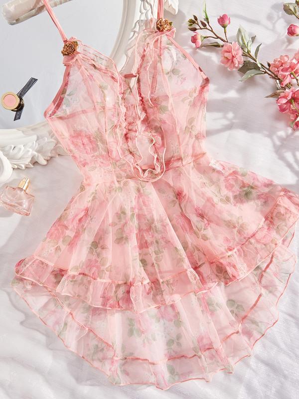 Women's Floral Print Appliques Cut Out Sheer Tulle Sexy Cami Nightdress, Comfy Breathable Ruffle Hem Nightgown, Ladies Sexy Lingerie for All Seasons