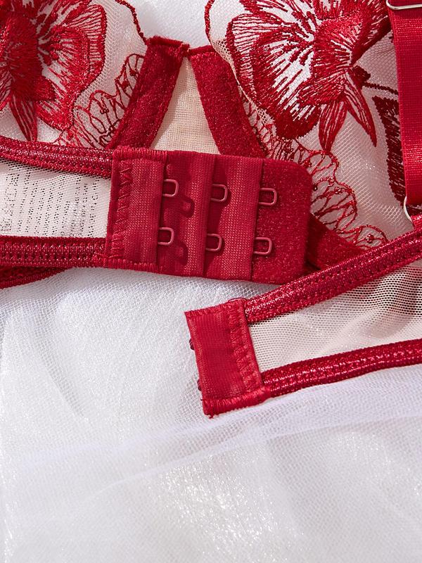 Women's Floral Embroidery Sheer Sexy Lingerie Set, Sexy Comfy Breathable Push Up Underwire Bra & Thong Set for Daily Wear, Women Sexy Lingeries & Costumes, Lingerie for Women