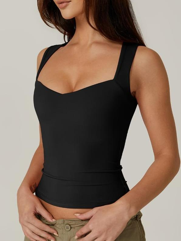 QINSEN Women's Sexy Sweetheart Neck Sleeveless T Shirts Double Lined Tees Slimming Fit Tops Basic Comfort