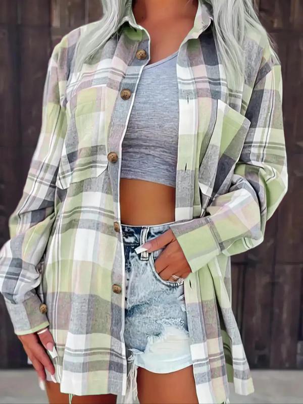 Women's Plaid Print Button Front Drop Shoulder Shirt, Casual Long Sleeve Pocket Collared Top for Daily Wear, Ladies Clothes for All Seasons