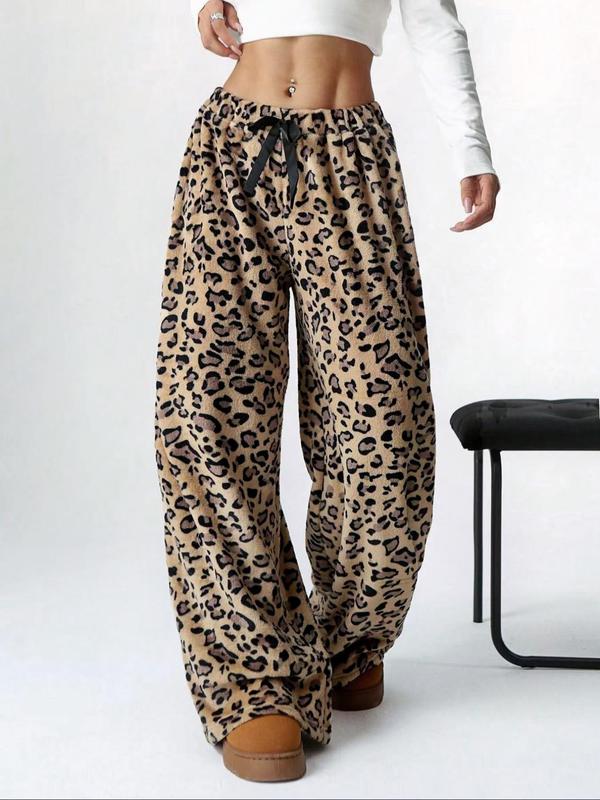 Women's Leopard Print Bow Decor Elastic Waist Wide Leg Pants, Casual Comfy Plush Trousers for Daily Wear, Ladies Bottoms for Fall & Winter
