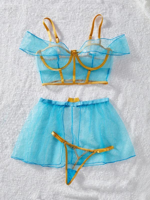 Women's Contrast Binding Sheer Lingerie Three-piece Set, Adjustable Strap Top  & Thong & Skirt  Set, Lingerie Set for Women