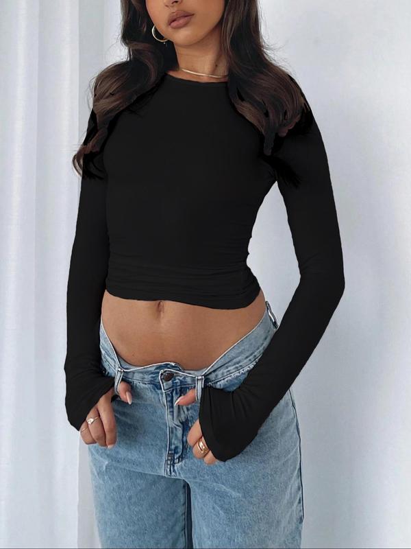 Women's Plain Long Sleeve Crop Tee, Casual Basic Solid Round Neck T-shirt for Spring & Fall, Women's Top for Daily Wear