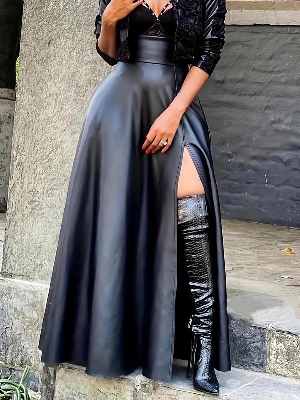  Solid Split Thigh Zipper Back PU Leather Skirt, Elegant Fashion High Waist Long Skirt for Party Club Dating, Women's Clothing for All Seasons