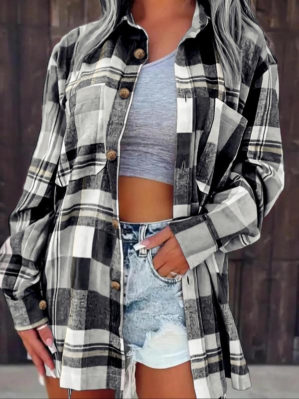Women's Plaid Print Button Front Drop Shoulder Shirt, Casual Long Sleeve Pocket Collared Top for Daily Wear, Ladies Clothes for All Seasons