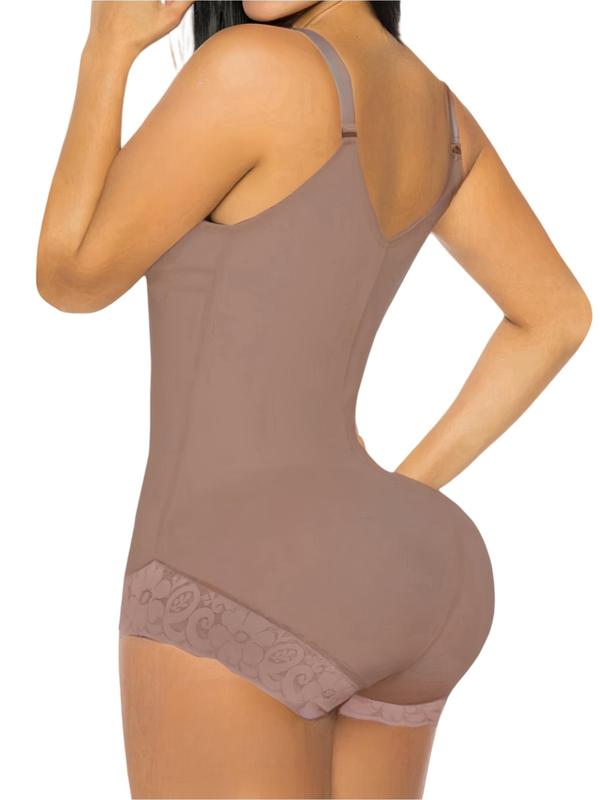 Women's Solid Contrast Lace Zipper Shapewear Bodysuit, High Stretch Tummy Control Butt Lifting Shaper, Ladies Shapewear for Daily Wear