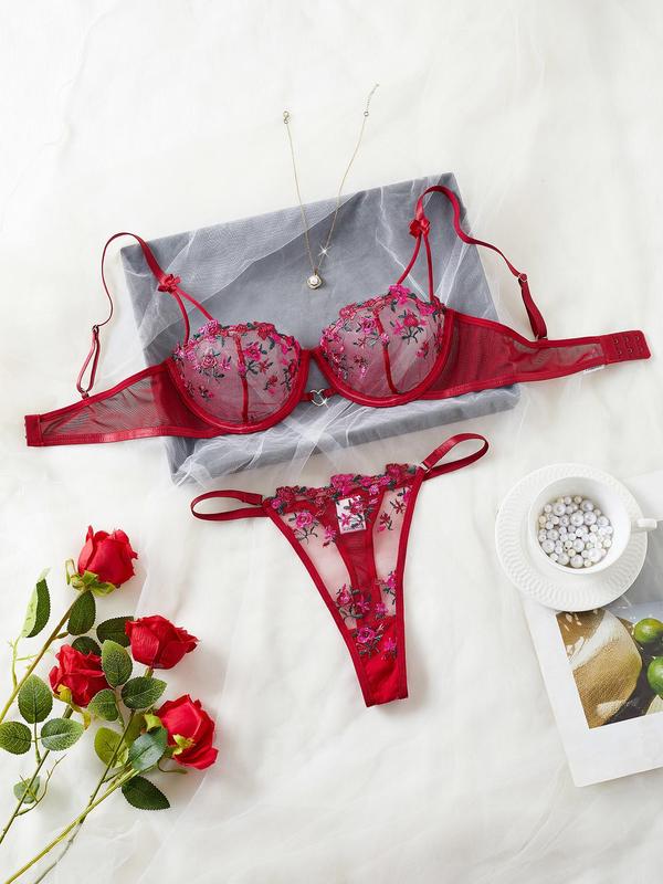 Women's Floral Embroidery Sheer Sexy Lingerie Set, Adjustable Strap Backless Bra & Thong Set, Lingerie Set for Women