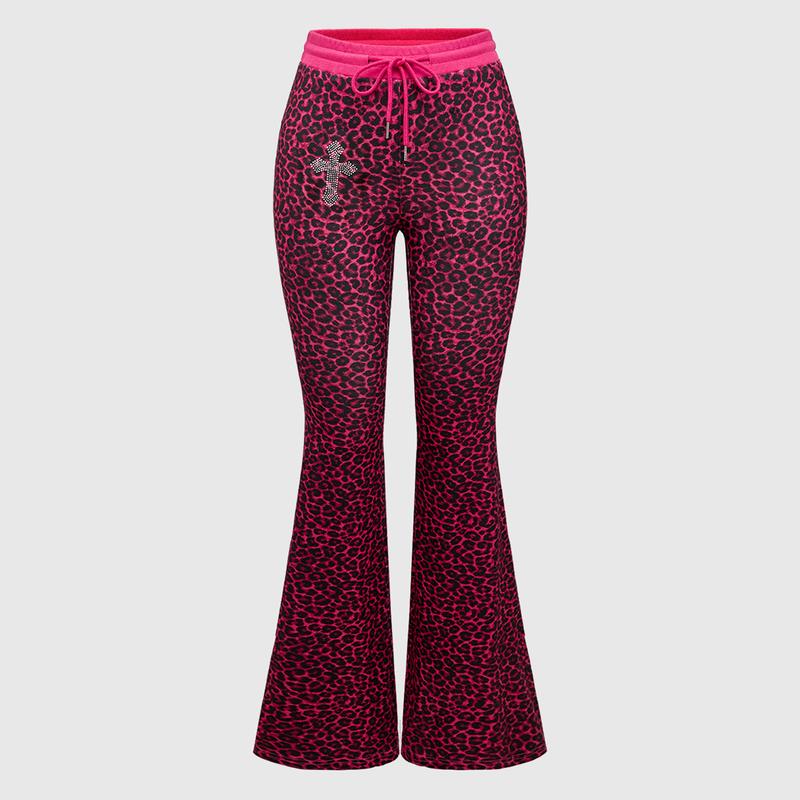 ROMWE Grunge Punk Y2K Street Fashion Casual Cross Rhinestone & Leopard Print Lace-Up Flare Pants
