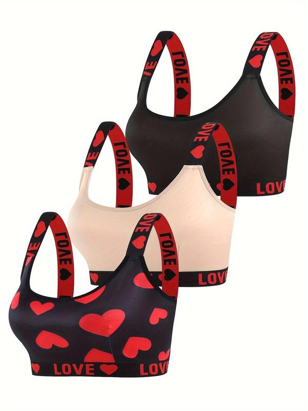  Heart & Letter Print Tape Wireless Bralette, Casual Comfy Breathable Bra for Daily Wear, Women's Lingerie for All Seasons