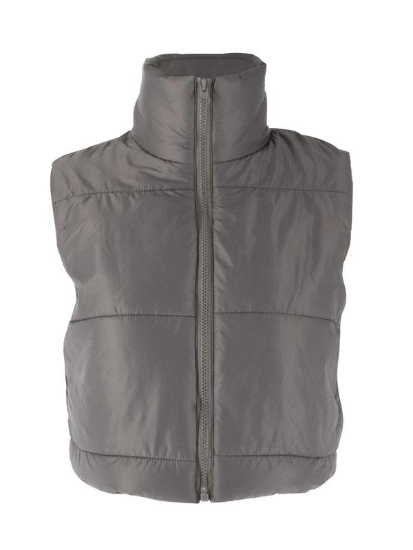 Women's Solid Zip Up Crop Puffer Vest, Casual Stand Collar Sleeveless Outerwear for Fall & Winter, Ladies Clothes for Daily Wear