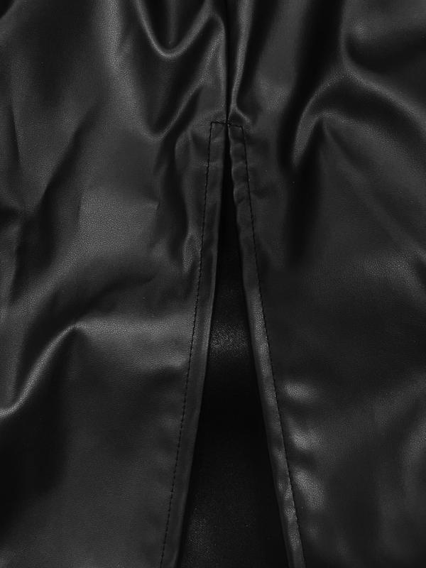 Solid Split Thigh Zipper Back PU Leather Skirt, Elegant Fashion High Waist Long Skirt for Party Club Dating, Women's Clothing for All Seasons