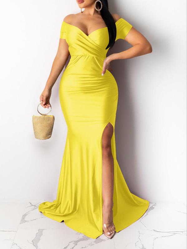Women's Plain Ruched Wrap Split Thigh Off Shoulder Mermaid Dress, Elegant Short Sleeve Maxi Dress for Evening Party, Ladies Summer Clothes for Christmas