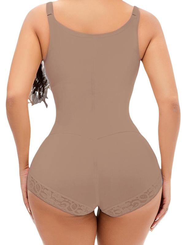 Women's Solid Contrast Lace Zipper Shapewear Bodysuit, High Stretch Tummy Control Butt Lifting Shaper, Ladies Shapewear for Daily Wear