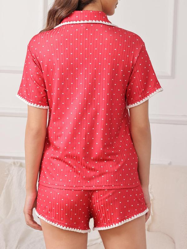 Two-Piece Set Women's Heart Print Contrast Binding Pajama Set, Casual Button Front Sleep Top & Elastic Waist PJ Shorts, Summer Wear, Women's Sleepwear & Homewear