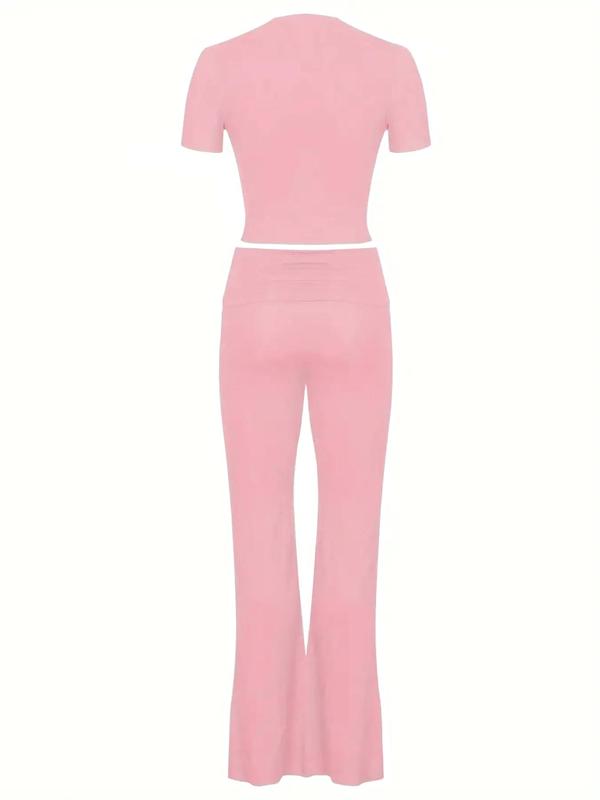 Women's Solid Color Round Neck Tee & Flare Leg Pants Pyjama Set, Casual Comfy Short Sleeve T-shirt & Bell Bottom Trousers PJ Set, Ladies Sleepwear for All Seasons