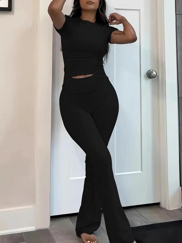 Women's Solid Color Round Neck Tee & Flare Leg Pants Pyjama Set, Casual Comfy Short Sleeve T-shirt & Bell Bottom Trousers PJ Set, Ladies Sleepwear for All Seasons