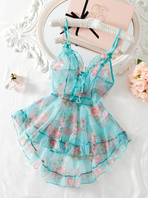 Women's Floral Print Appliques Cut Out Sheer Tulle Sexy Cami Nightdress, Comfy Breathable Ruffle Hem Nightgown, Ladies Sexy Lingerie for All Seasons