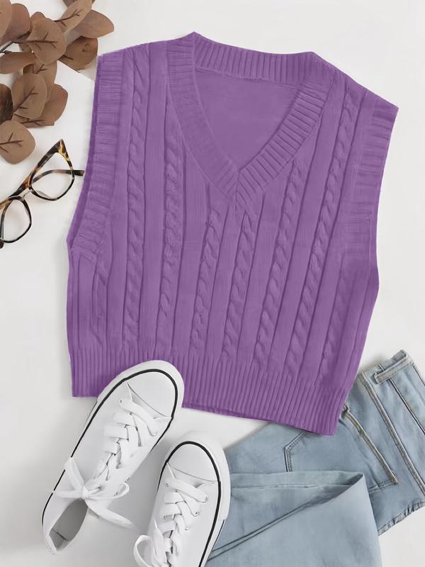 Women's Textured V Neck Sweater Vest, Casual Solid Color Sleeveless Knit Top for Spring & Fall, Fashion Women's Knitwear for Daily Wear