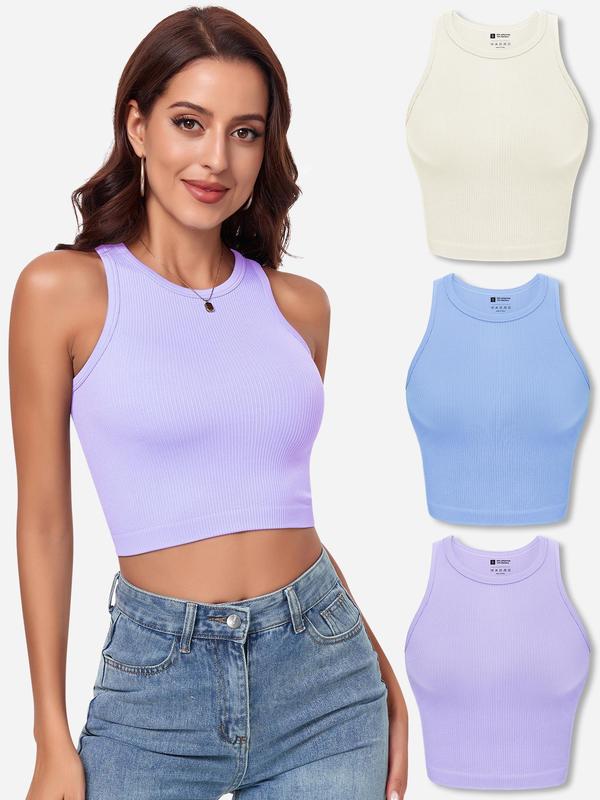 Women's 3pcs Solid Ribbed Crop Shapewear Tank Top, Casual Basic Seamless Sleeveless Shapewear Top for Daily Wear, Ladies Clothes for All Seasons, Summer Wear 2024, Tank Tops for Women, Women's Tops,  Body Shapewear