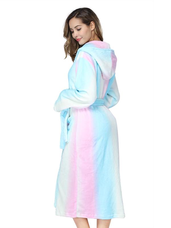 Women's All Over Print Flannel Hooded Robe, Fashion Dual Pocket Drop Shoulder Belted Bathrobe, Women's Sleepwear & Loungewear for Fall & Winter, Fall Wear, Fallfreshness