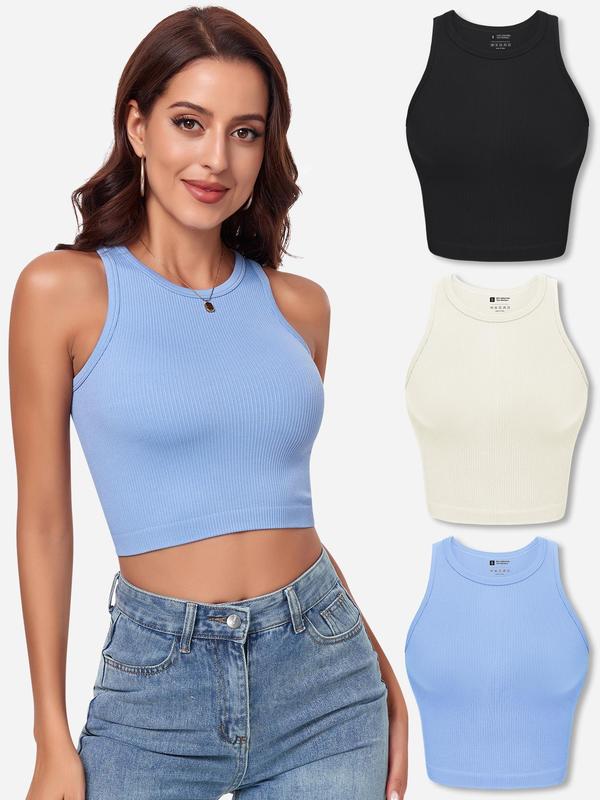 Women's 3pcs Solid Ribbed Crop Shapewear Tank Top, Casual Basic Seamless Sleeveless Shapewear Top for Daily Wear, Ladies Clothes for All Seasons, Summer Wear 2024, Tank Tops for Women, Women's Tops,  Body Shapewear