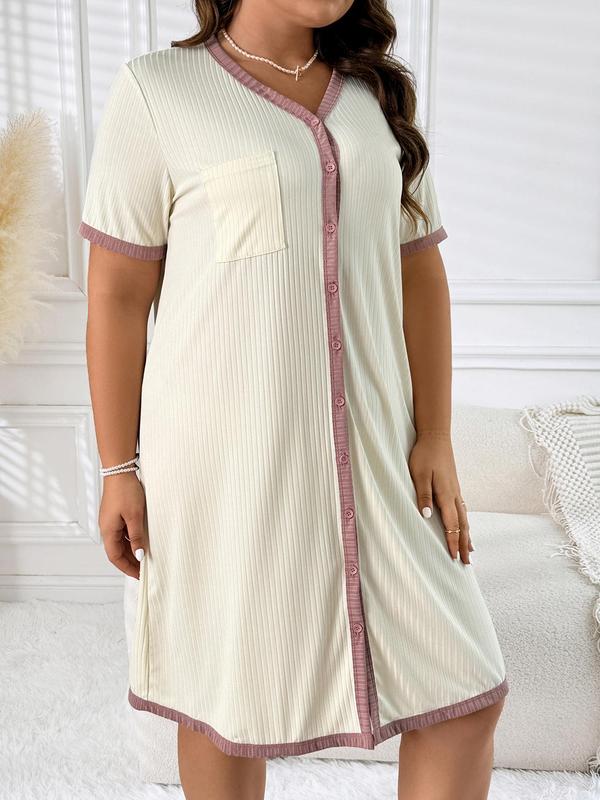Plus Size Contrast Binding Button Front Nightdress, Casual Pocket V Neck Short Sleeve Sleep Dress for Women, Women's Sleepwear for All Seasons