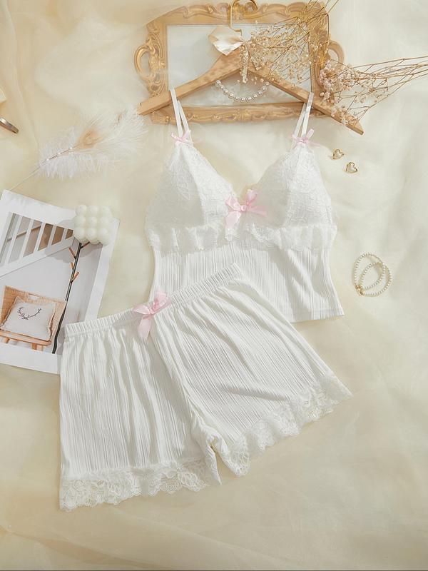 Women's Contrast Lace Bow Decor Ribbed Pyjama Two-Piece Set, Elegant Adjustable Spaghetti Strap Ruffle Trim Crop Camisole & Elastic Waist Shorts PJ Set, Ladies Sleepwear for All Seasons