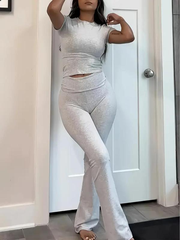 Women's Solid Color Round Neck Tee & Flare Leg Pants Pyjama Set, Casual Comfy Short Sleeve T-shirt & Bell Bottom Trousers PJ Set, Ladies Sleepwear for All Seasons