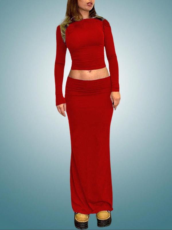 Two-Piece Set Women's Solid Long Sleeve Tee & Long Skirt, Casual Round Neck Top & Skirt for Daily Wear, Ladies Clothes for All Seasons