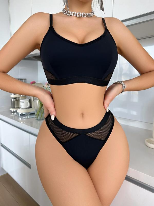Two-Piece Set Women's Plain Contrast Mesh Adjustable Straps Bra & Thong Set, Solid Color Push Up Bra & Panty, Lingerie Set for Women All Seasons