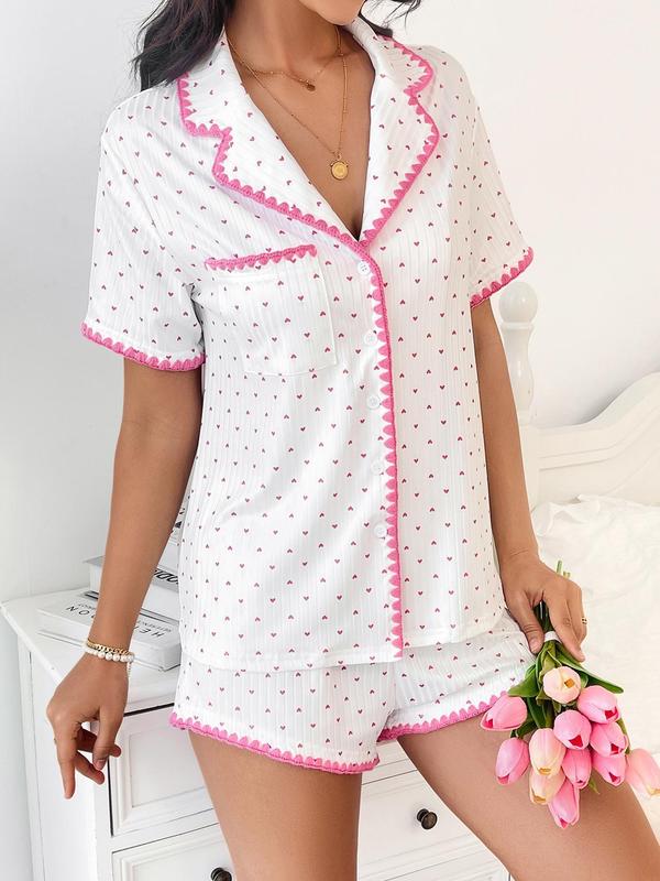 Two-Piece Set Women's Heart Print Contrast Binding Pajama Set, Casual Button Front Sleep Top & Elastic Waist PJ Shorts, Summer Wear, Women's Sleepwear & Homewear