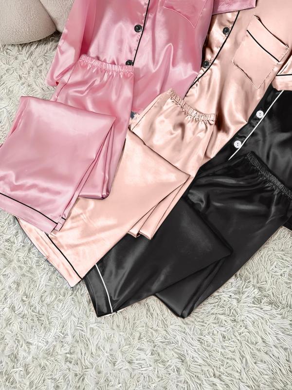 Women's Contrast Binding Lapel Shirt & Elastic Waist Pants Satin Pyjama Set, Casual Comfy Short Sleeve Pocket Button Up Top & Elastic Waist Long Trousers PJ Set, Ladies Sleepwear for All Seasons