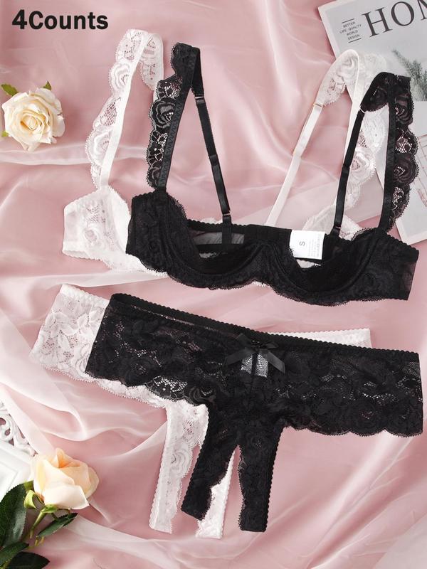 Women's Solid Bow Front Sheer Lace Bra & Thong  Set, Sexy Adjustable Strap Lingerie Set, Women's Lingerie & Underwear