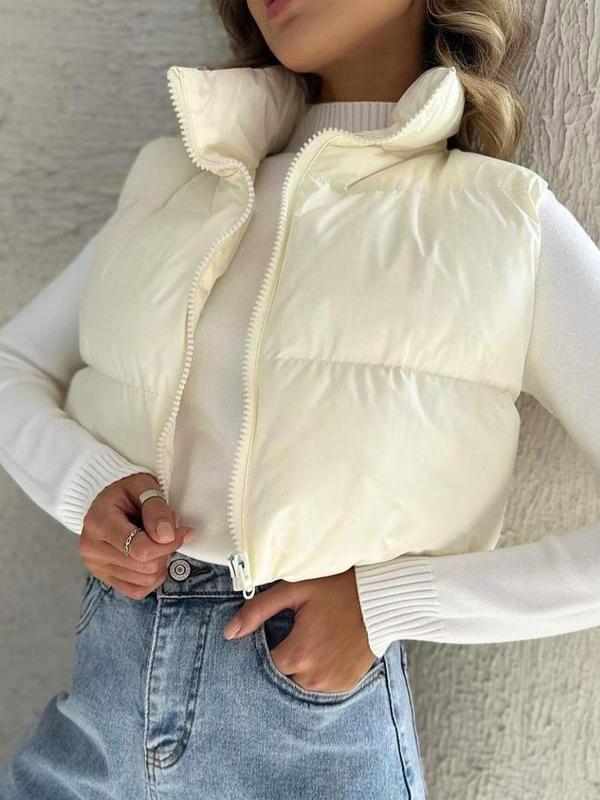 Women's Solid Zip Up Crop Puffer Vest, Casual Stand Collar Sleeveless Outerwear for Fall & Winter, Ladies Clothes for Daily Wear
