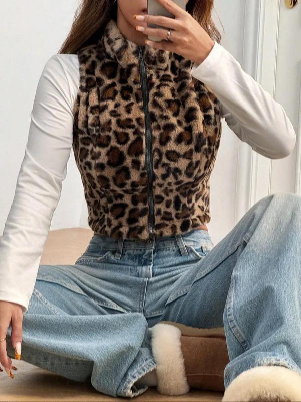 Women's Leopard Print Funnel Neck Plush Vest Coat, Casual Sleeveless Zip Up Crop Outerwear for Fall & Winter, Women's Clothes for Daily Wear