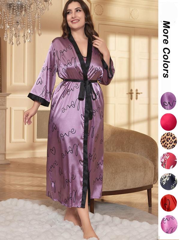Women's Leopard Print Contrast Binding Robe, Fashion Pumpkin Printed Belted Stretch Satin Long Dressing Gown for Women, Satin Robe, Women Nightwear, Casual Ladies Sleepwear for All Seasons