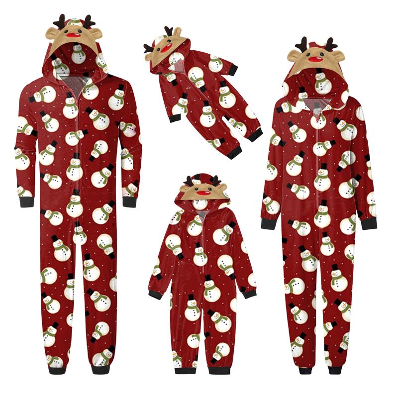 Family Matching Pajamas Christmas Casual Long Sleeve Jumpsuit Zip Hooded Romper Sleepwear