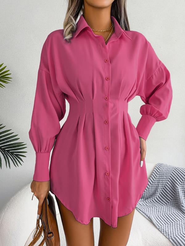 Women's Minimalist Solid Curved Hem Ruched Button Front Collar Shirt Dress, Lady Vintage Drop Shoulder Long Sleeve Short Dress, A-line Dress for Fall School Office, Dresses for Women, Vow Renewal Party Pink Dress Longsleeves