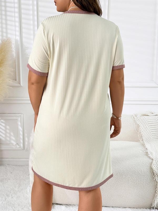 Plus Size Contrast Binding Button Front Nightdress, Casual Pocket V Neck Short Sleeve Sleep Dress for Women, Women's Sleepwear for All Seasons