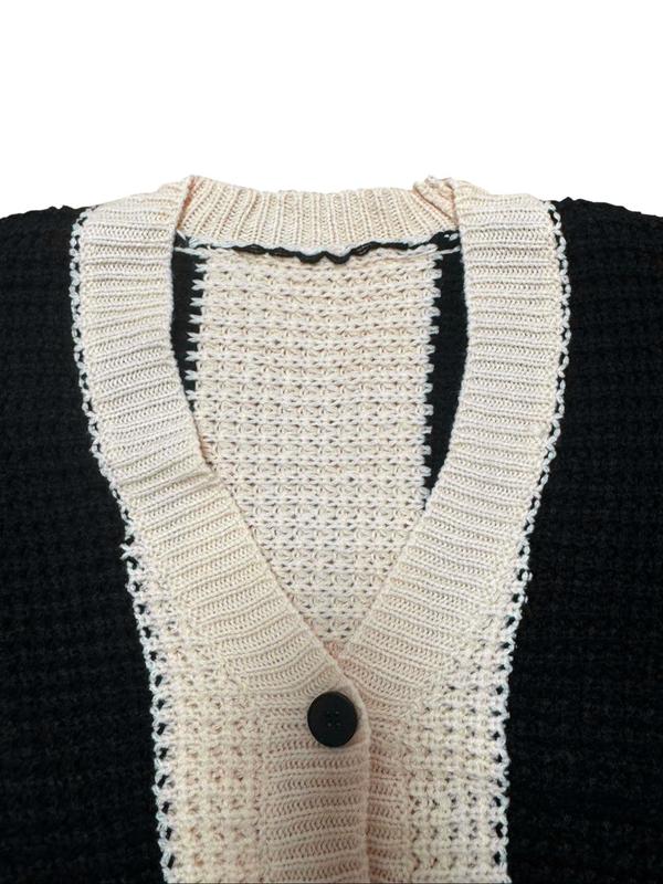 Women's Colorblock Flounce Sleeve Button Front Cardigan, Casual Long Sleeve V Neck Knitwear for Fall & Winter, Fashion Women's Knit Clothing for Daily Wear, Downtown Girl Clothes